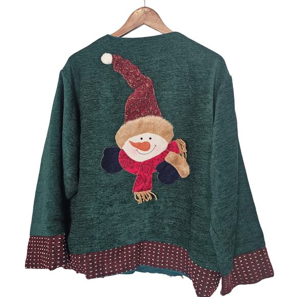 Vintage Christmas Cardigan Womens 2X Green Embroidered Snowman Cottage Granny - Picture 2 of 13